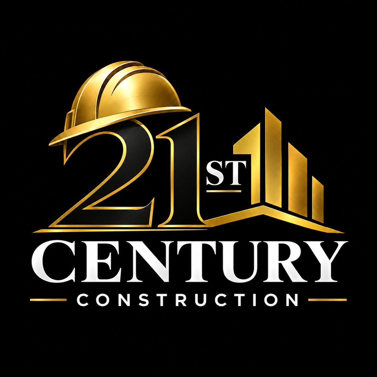 21st Century Construction logo featuring a gold hard hat, building silhouette, and white text on black background
